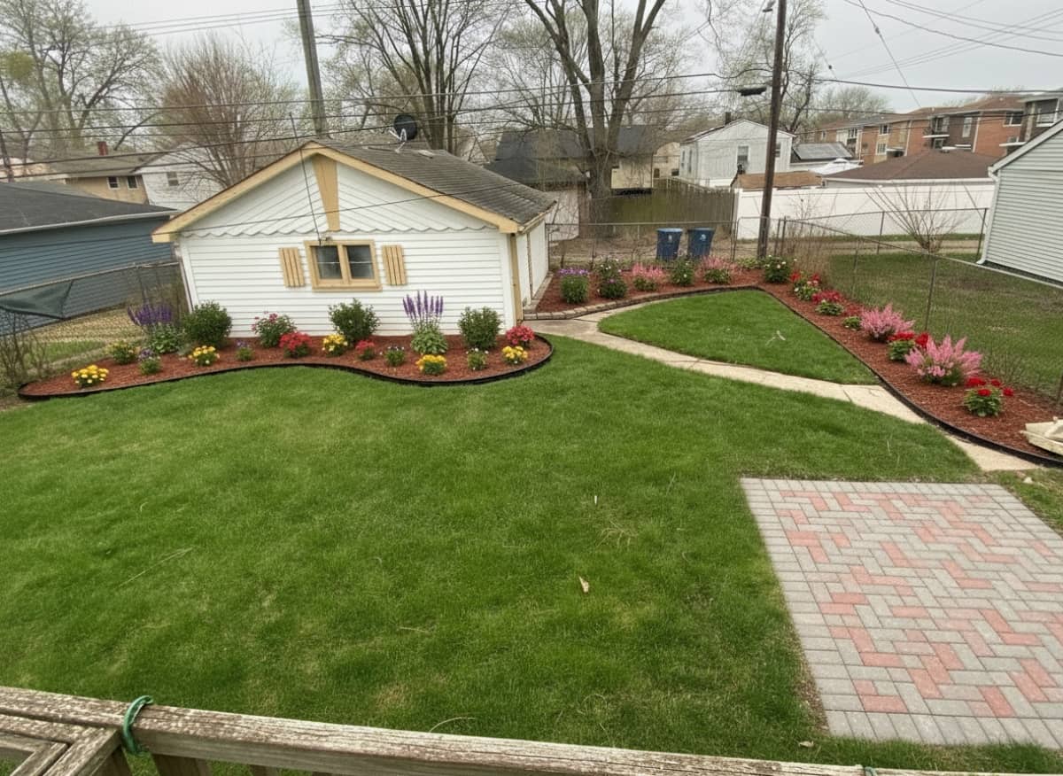 mowed yard with fresh mulch beds