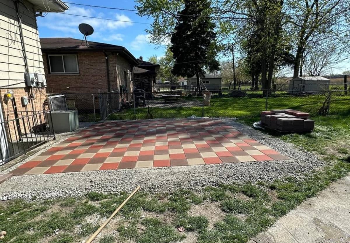 red squares paved patio installation